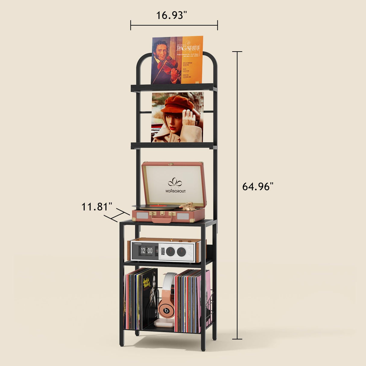 Homsorout Record Player Stand with Vinyl Storage - 5-Tier Turntable Table with Adjustable Feet, Metal & Wood Cabinet - Console Organizer Display Shelf for Living Room, Apartment Homsorout
