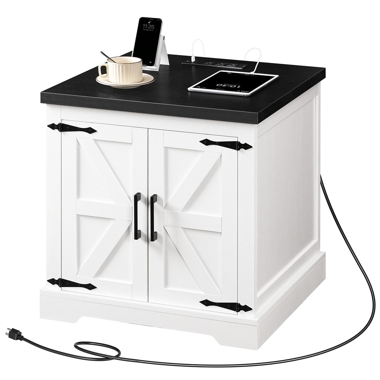 MAHANCRIS Farmhouse Nightstand with Charging Station, 24" Large End Table with Barn Door and Adjustable Storage Shelf, Square White Nightstand, Rustic Bedside Table for Bedroom, Living Room MAHANCRIS