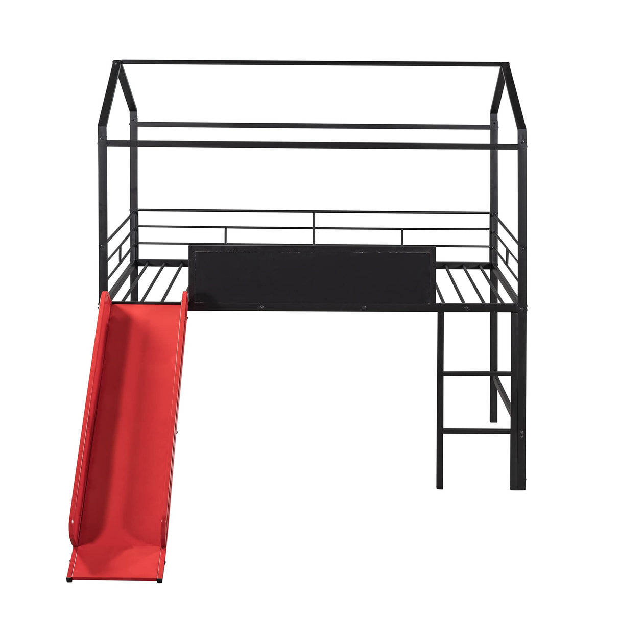 Twin House Loft Bed with Slide and Roof, Metal House Bed with Slide, Modern Style Heavy-Duty Steel Frame Loft Bed with Safety Rail, Built-in Ladder for Bedroom Dorm Boys Girls (Twin Size, Black+Red) Harper & Bright Designs