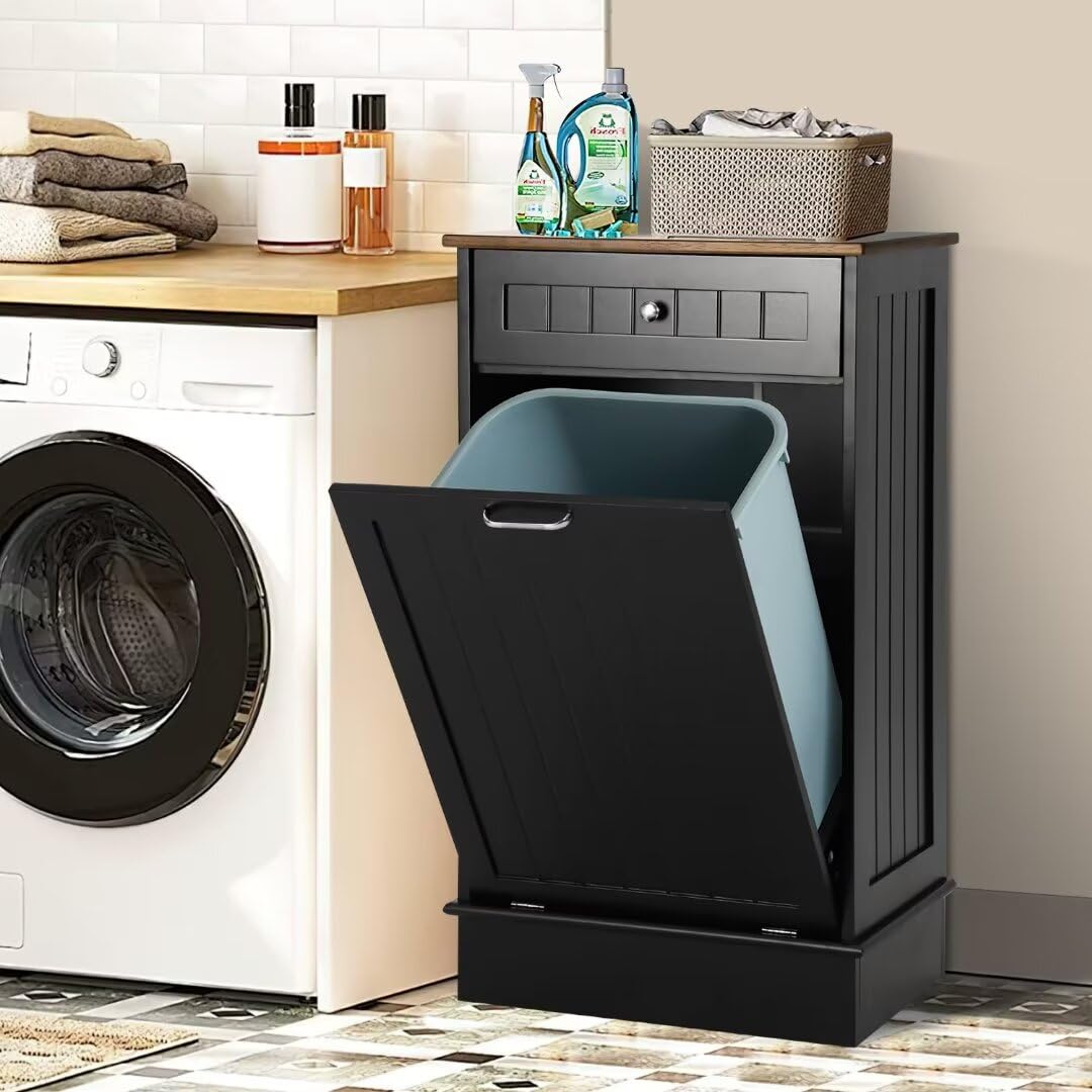 KIGOTY Tilt Out Trash Can Cabinet Wooden Kitchen Single Pull Out Trash Can Under Cabinet,Black KIGOTY