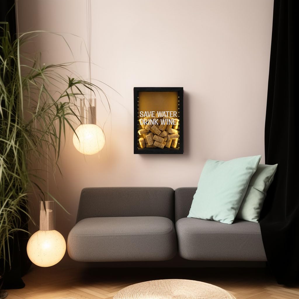 hvfun 8"X11" Rustic Black Wood Shadow Box with Lights,LED-lit Display case for Wine Corks, Tickets, and Creative Exhibits,Artistic Presentations hvfun