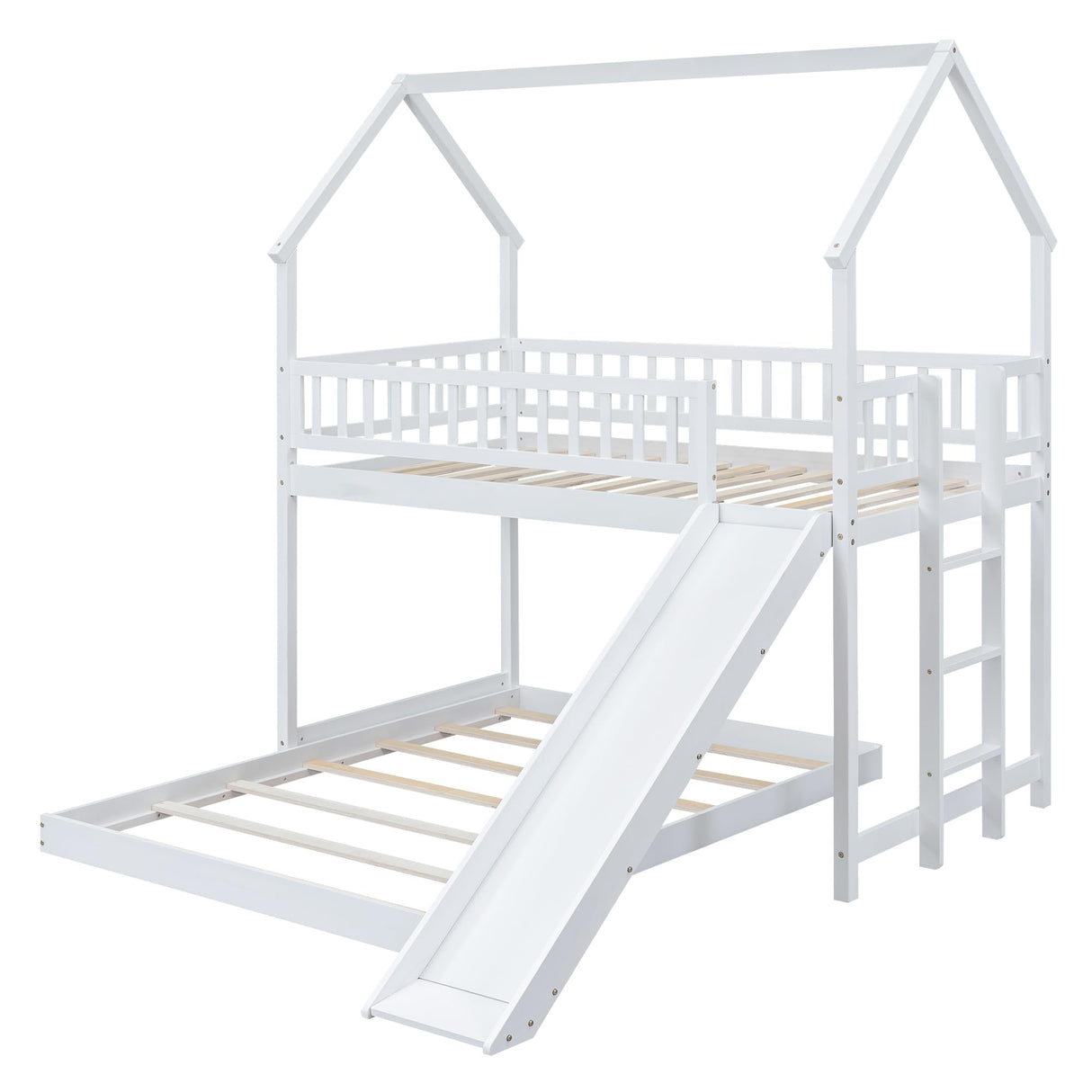 Harper & Bright Designs Twin Over Full Bunk Bed with Slide, Playhouse Bunk Beds Frame with Roof, Ladder and Guardrails, L-Shaped Bunk Beds, Floor Bunk Bed Frame for Kids Boys Girls Teens, White Harper & Bright Designs