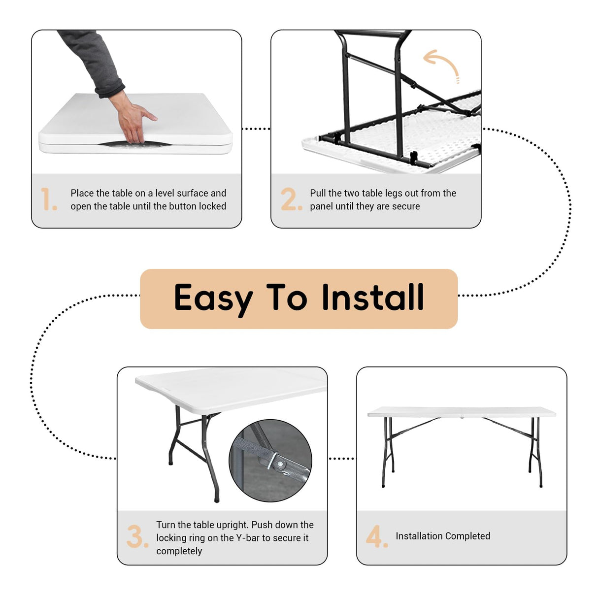 6FT Folding Table HDPE Foldable Desk Banquet Surface Fold-in-Half Utility for Working Meeting Parties, Picnic, Camping, Weddings, Catering, Garden Dining-White pollilar