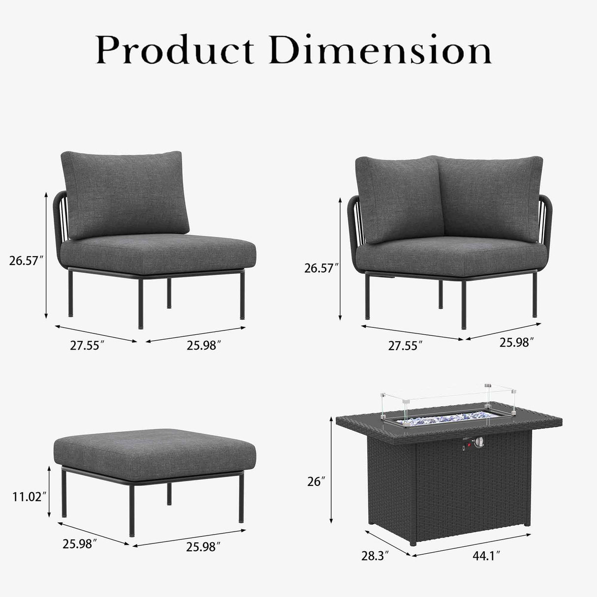 LayinSun 9 Pieces Aluminum Patio Furniture Set, Modern Modular Sectional Sofa with Fire Pit Table and Upgrade Thickness Cushion LayinSun