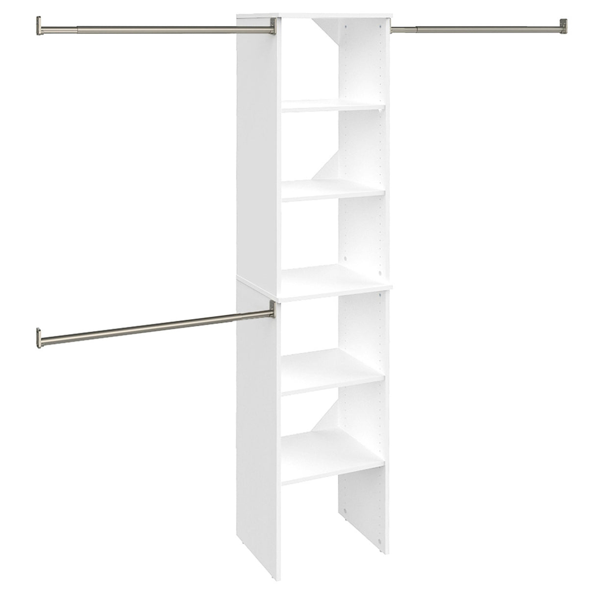 ClosetMaid SuiteSymphony Wood Closet Organizer Starter Kit with Tower and 3 Hang Rods, Shelves, Adjustable, Fits Spaces 4 – 9 ft. Wide, Engineered Wood, Pure White, 16" ClosetMaid
