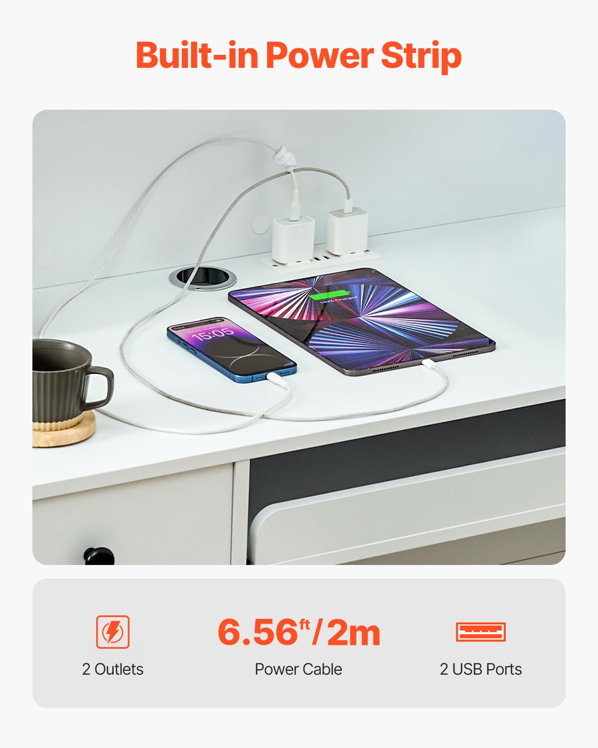 VEVOR Reception Desk, 47 Inch Rectangular Front Counter Table, Office Reception Desk with LED Light, 2 Drawers and Power Outlets, for Checkout, Lobby, Beauty Salon and Office, White VEVOR