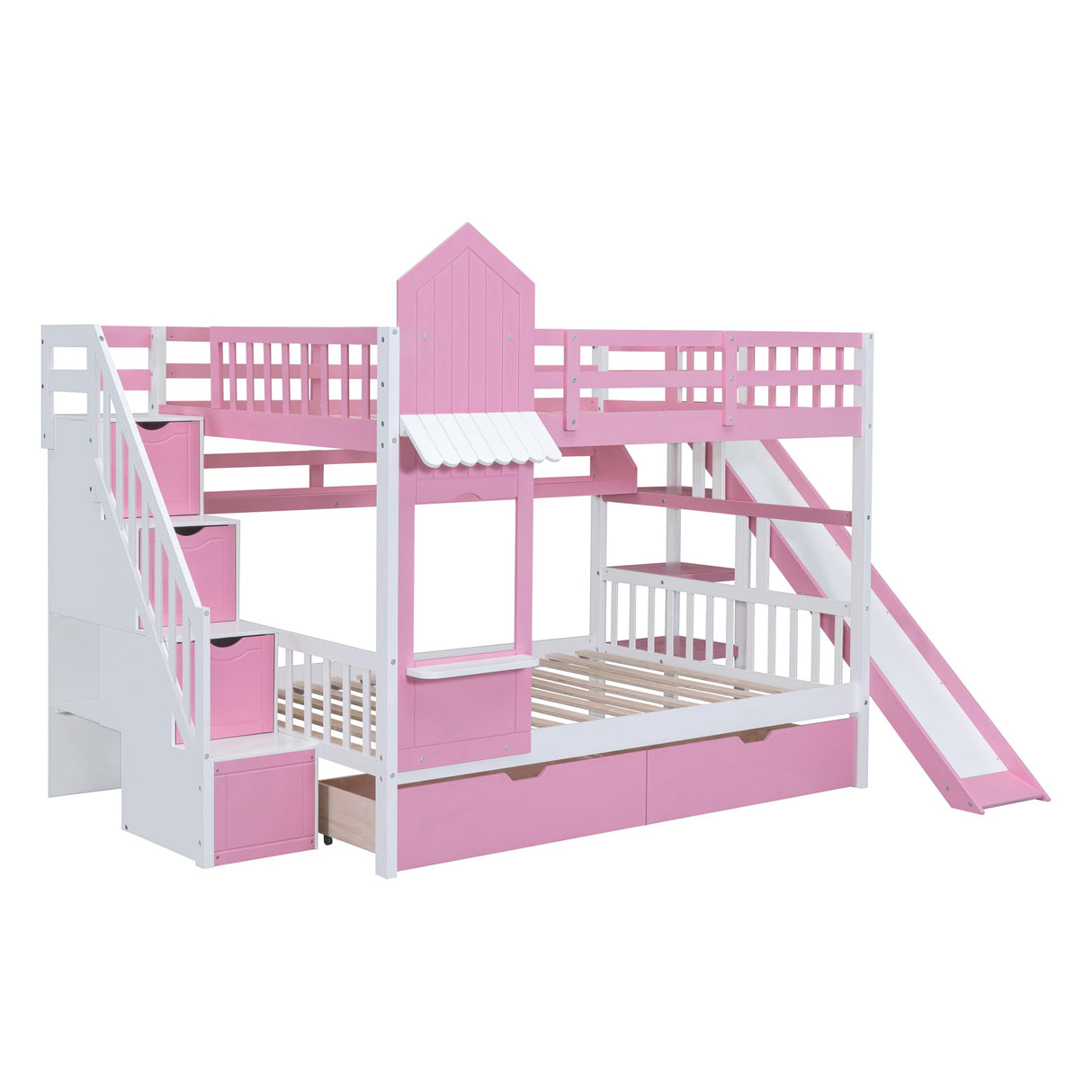 Kids Full Bunk Bed with Stairs and Slide, Wood Full Over Full Bunk Bed with Storage Drawers and Shelves, Castle Style Bunk Beds for Kids Teens Girls Boys, Pink Bellemave