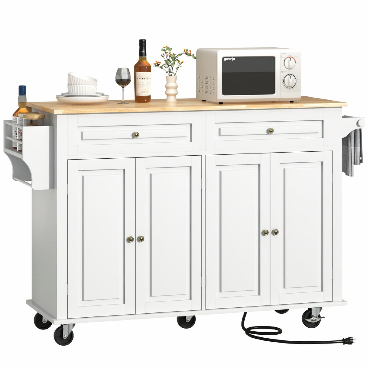 Hlivelood 55" Movable Kitchen Island with Drop Leaf and Power Outlet, Rolling Island Cart w/Storage Cabinet, Island Table on Wheels for Kitchen w/2 Drawers, Spice Rack, Towel Bar, Garage Hook, White Hlivelood