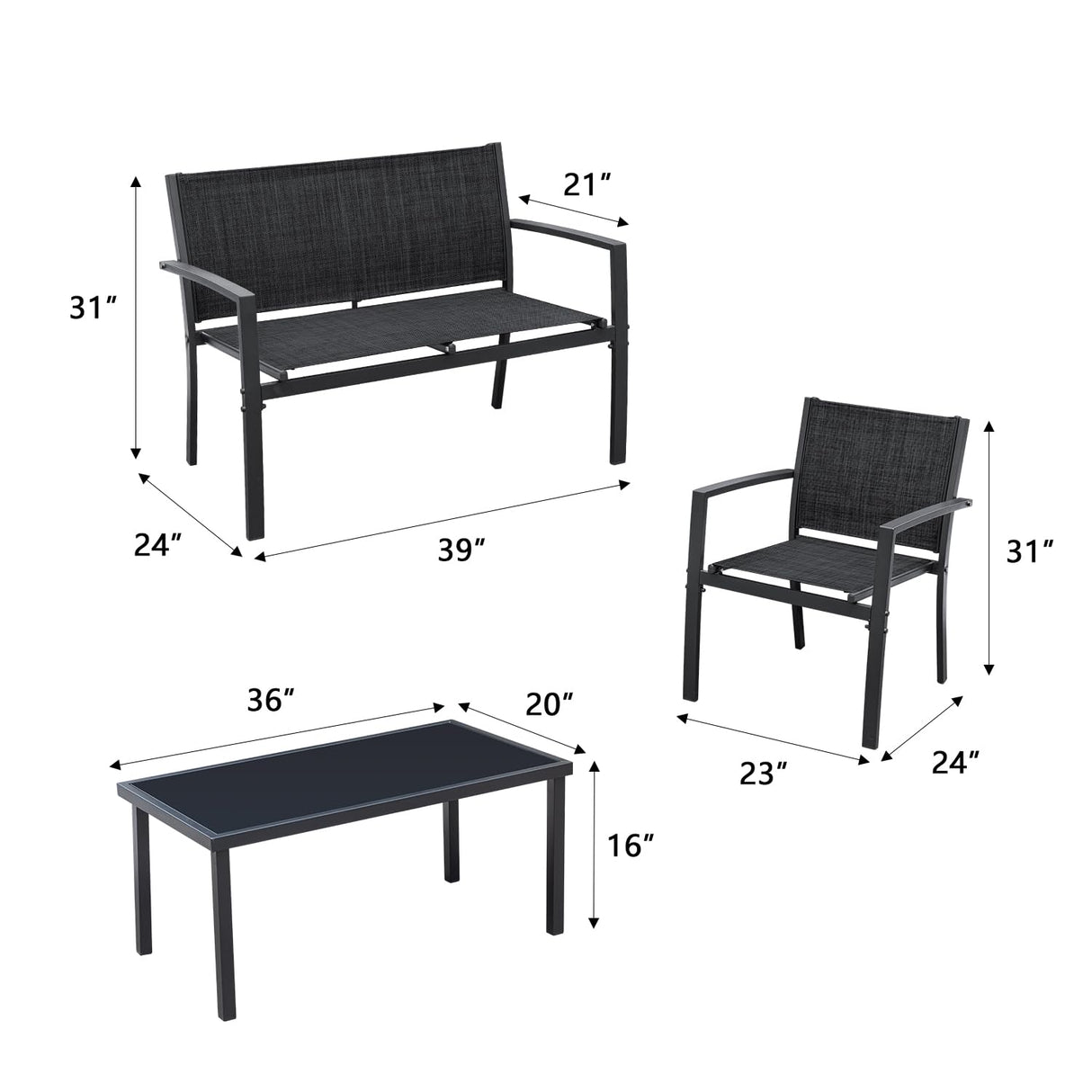 Greesum 4 Pieces Patio Furniture Set Outdoor Conversation Textilene Fabric Chairs for Lawn, Garden, Balcony, Poolside with A Glass Coffee Table, Black Greesum