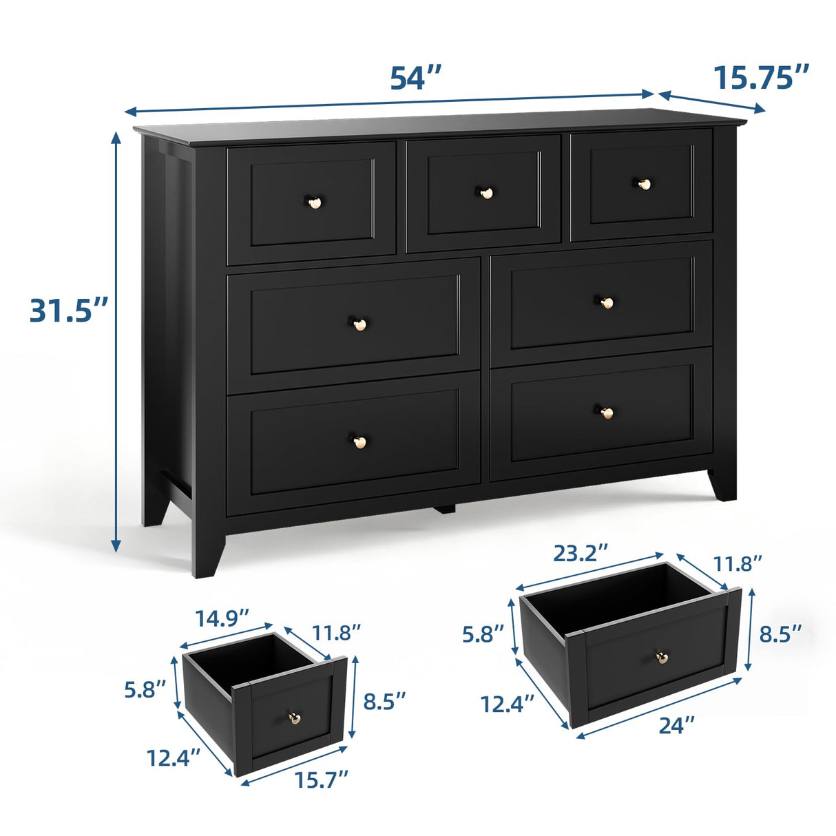 GAOMON 7 Drawers Dresser for Bedroom, 53.9" W Farmhouse Wood Dressers & Chest of Drawers for Clothes, Tall Storage Dressers Organizer with Deep Drawers for Living Room, Closet, Hallway, Black GAOMON