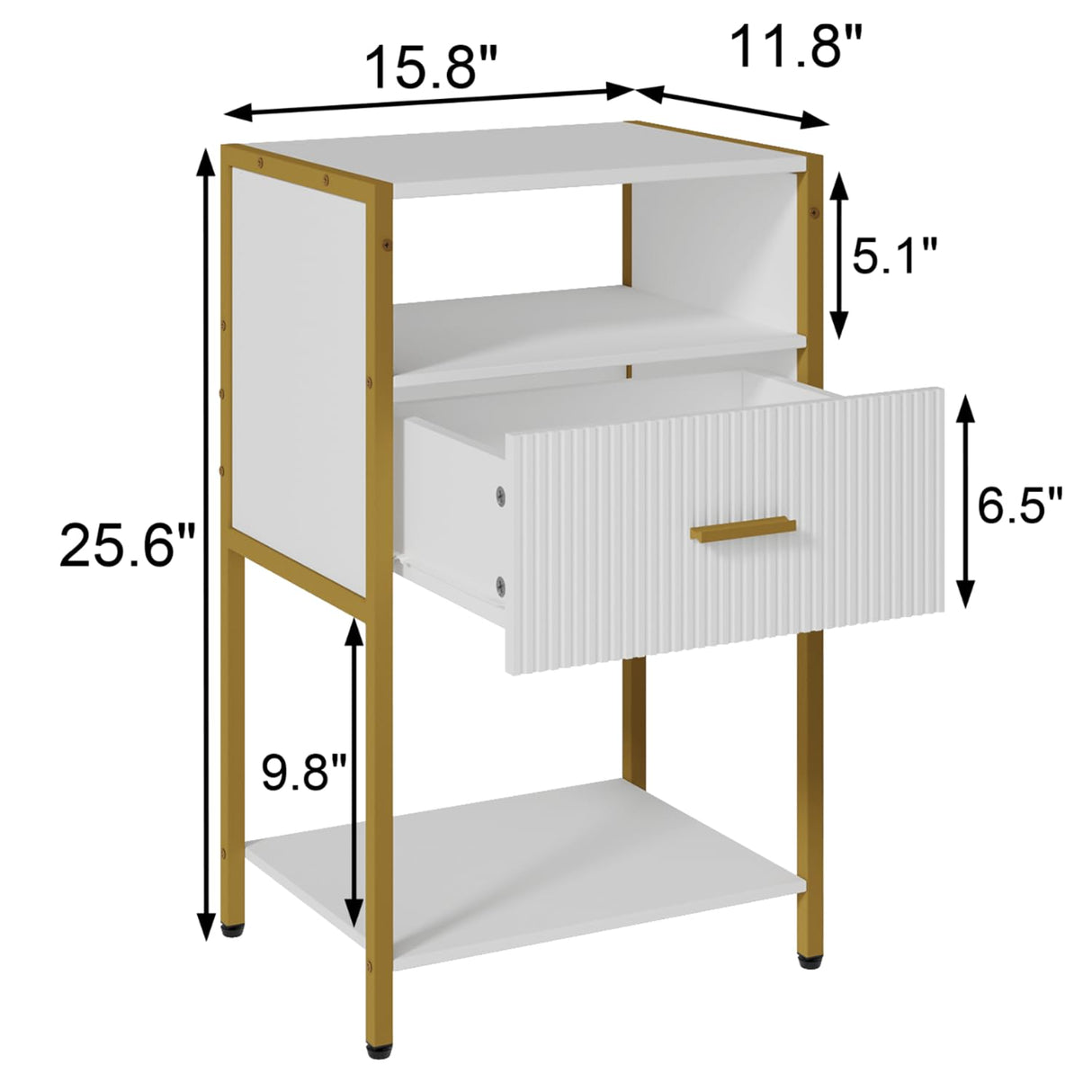 JOONEE Modern Nightstand, White and Gold Side Table with Drawer, Fluted Bedside Table with 3 Storage Shelves for Living Room, Bedroom JOONEE
