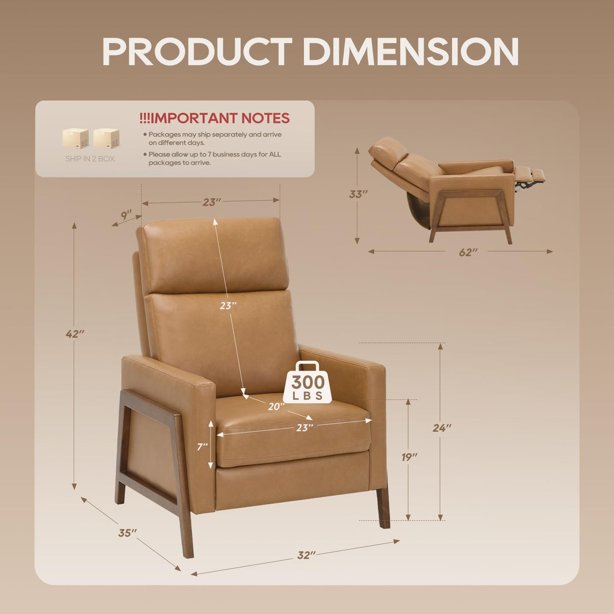 COLAMY Push Back Recliner Chair, Upholstered Leather Recliner with Footrest 118-150 Degree Adjustable, Comfy Modern Wingback Recliner for Living Room, Bedroom,Small Spaces,Camel COLAMY