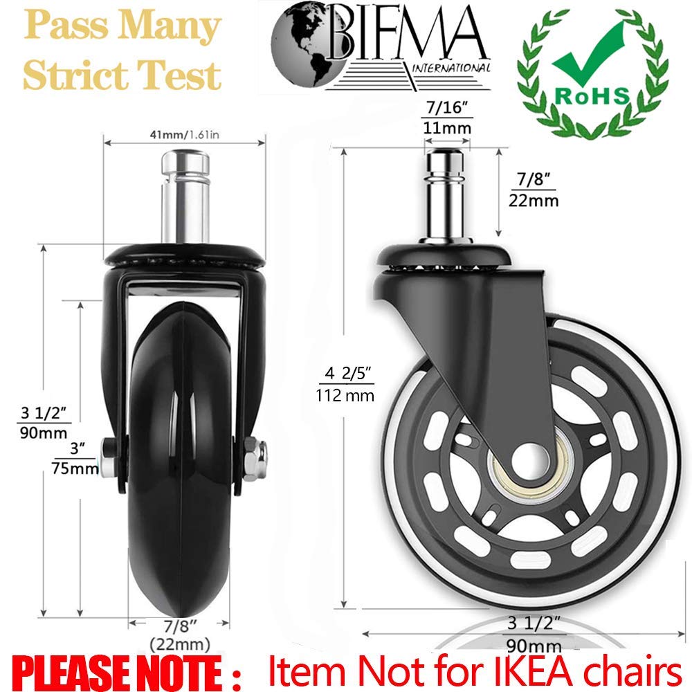 Office Rubber Chair Casters Replacement, 3 Inch Heavy-Duty Computer Gaming Desk Caster Wheels Smooth & Safe Rolling for All Floors Including Hardwood and Carpet, Set of 5 HOSALI