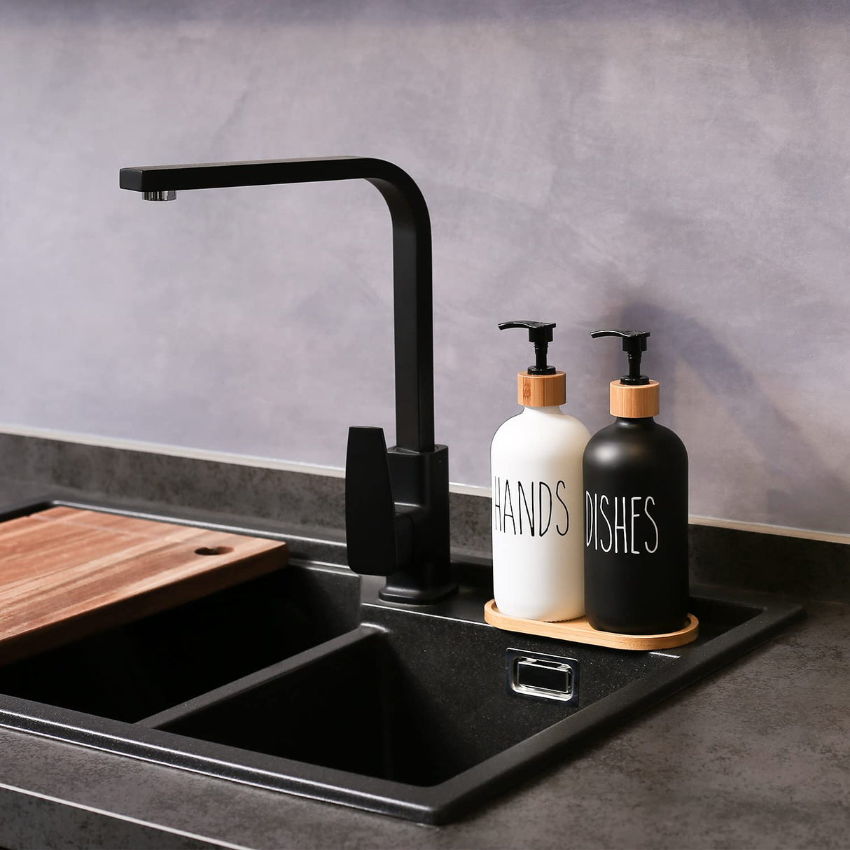 MOMEEMO Glass Soap Dispenser Set, Contains Hand Soap Dispenser and Dish Soap Dispenser, Suitable for Black and White Kitchen Decor. (Black & White) MOMEEMO