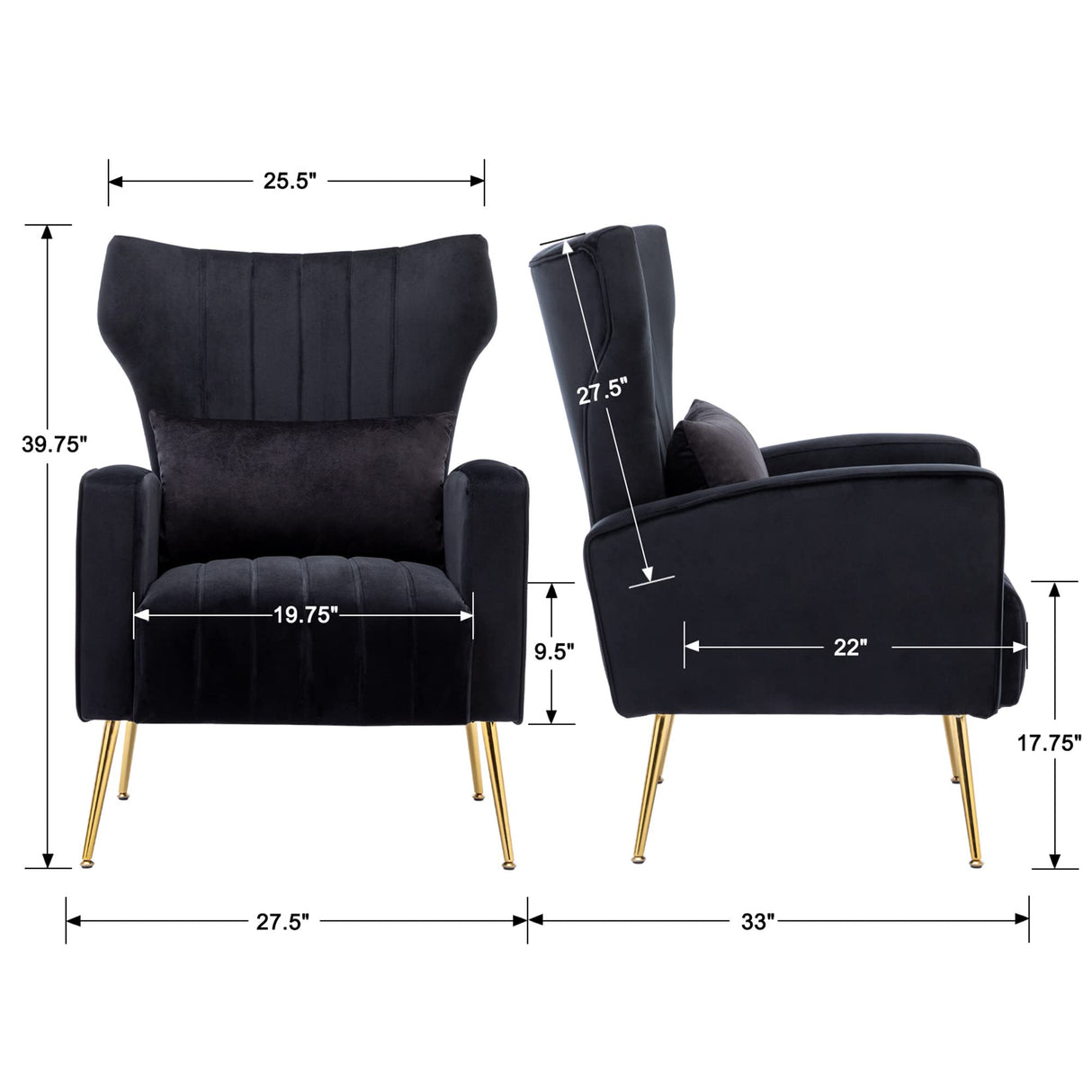chairus Wingback Velvet Accent Chair, Modern Living Room Armchair Comfy Upholstered Single Sofa Chair for Bedroom Dorms Reading Reception Room with Gold Legs & Small Pillow, Black chairus