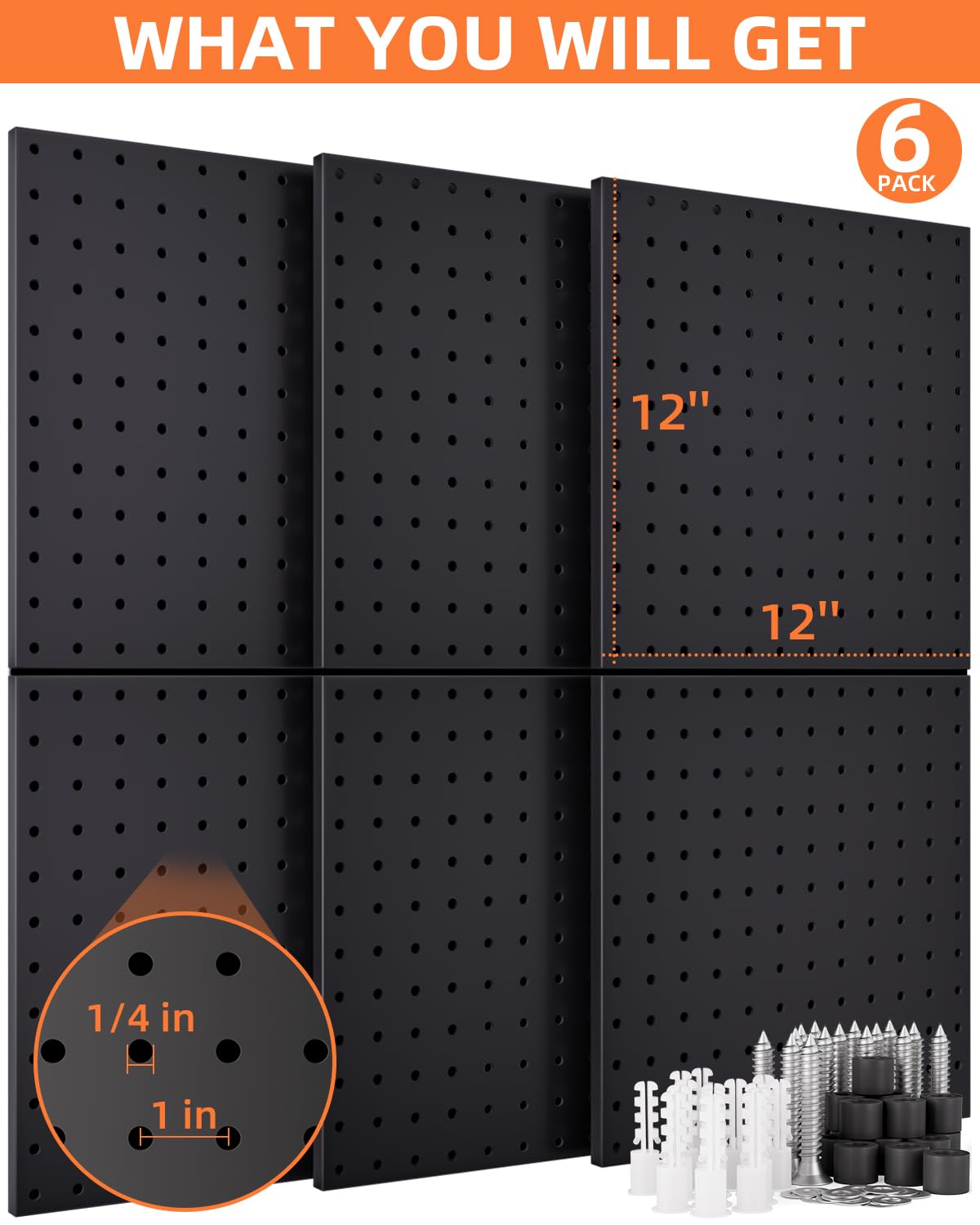 INCLY 6 Pack 12"x12" Black Metal Pegboard Panels, Heavy Duty Pegboard Wall Organizer with Frame, Black Peg Board for Walls, Garage, Workbench, Shed, Kitchen, Craft Room Tool Organization INCLY