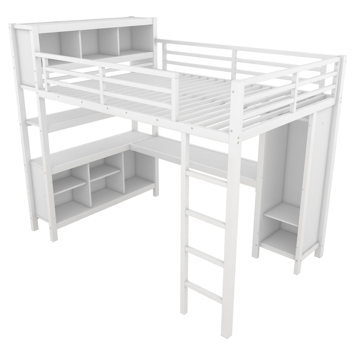 Full Size Loft Bed with Wardrobe and Storage Cubes, Heavy Duty Loft Bed with Desk, Storage Shelf and Guardrail, White Bellemave