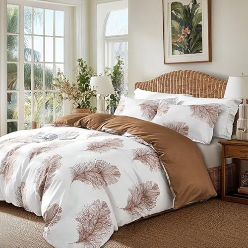 OAITE Duvet Cover Twin Size,Reversible Leaf Brown Duvet Cover Set with Zipper Closure, 3 Pieces Modern Patterns Soft Microfiber Bedding Set with 8 Ties(68’’*90’’,2 Pillow Cases) OAITE