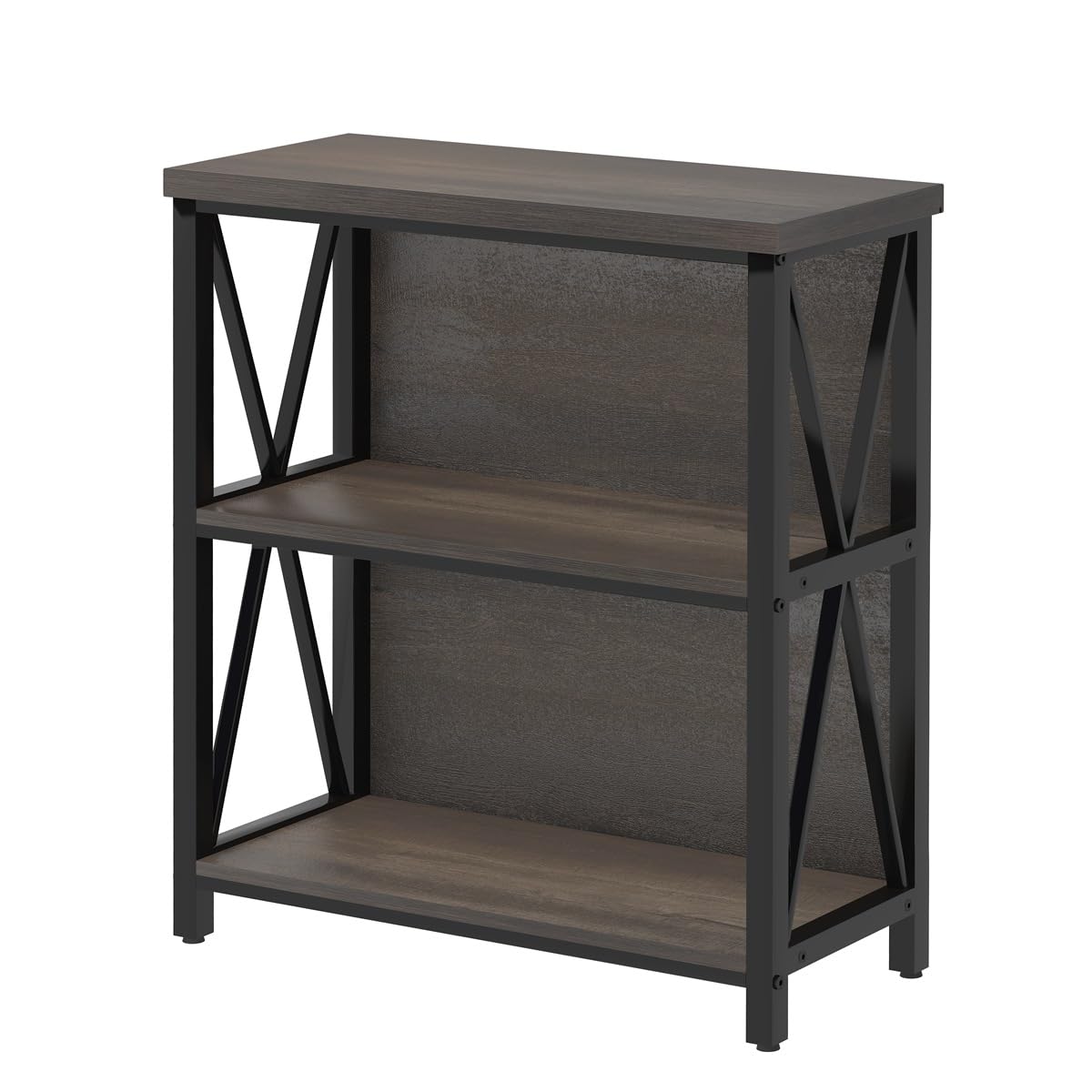 FATORRI Rustic Short 2 Shelf Bookshelf, Industrial Low Wood Bookcase, Farmhouse Small Book Case for Small Space (Walnut Brown) FATORRI