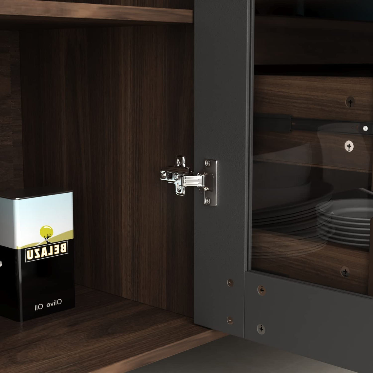 ECACAD Freestanding Kitchen Pantry Storage Cabinet with Glass Doors, Shelves & Drawers, Modern Sideboard Buffet Cabinet, Wood Kitchen Cupboard with Hutch and Hooks, Dark Brown ECACAD