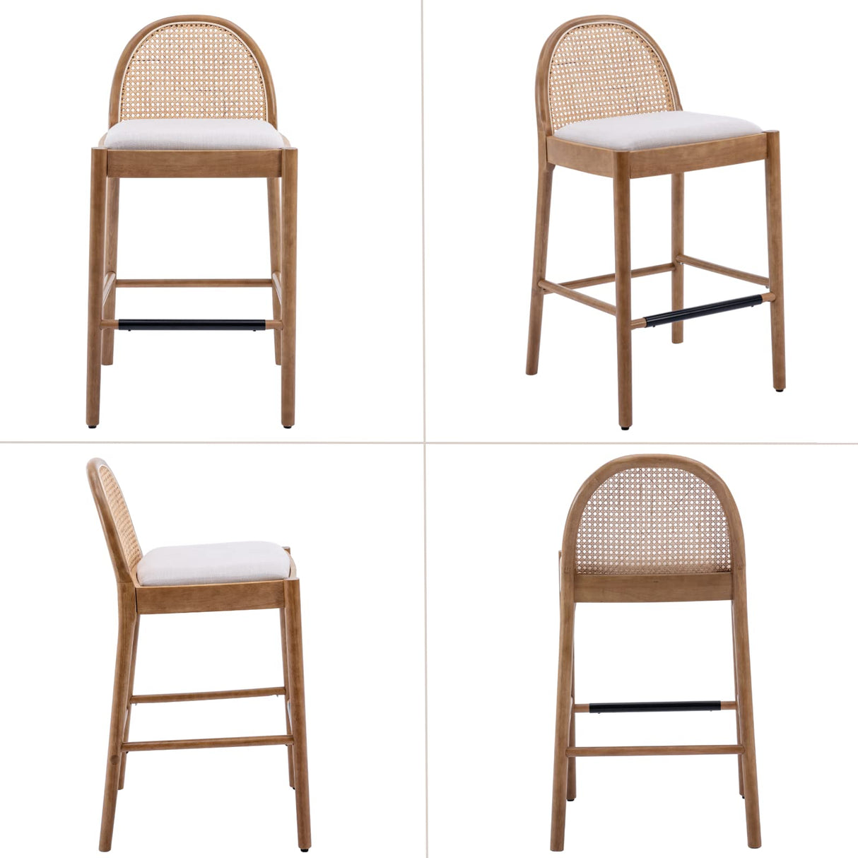 HEAH-YO Modern Bar Stools Set of 2, 30 Inches Counter Height Bar Stools with Rattan Backrests and Wood Legs, Comfy Linen Fabric Kitchen Stools for Island, Beige HEAH-YO
