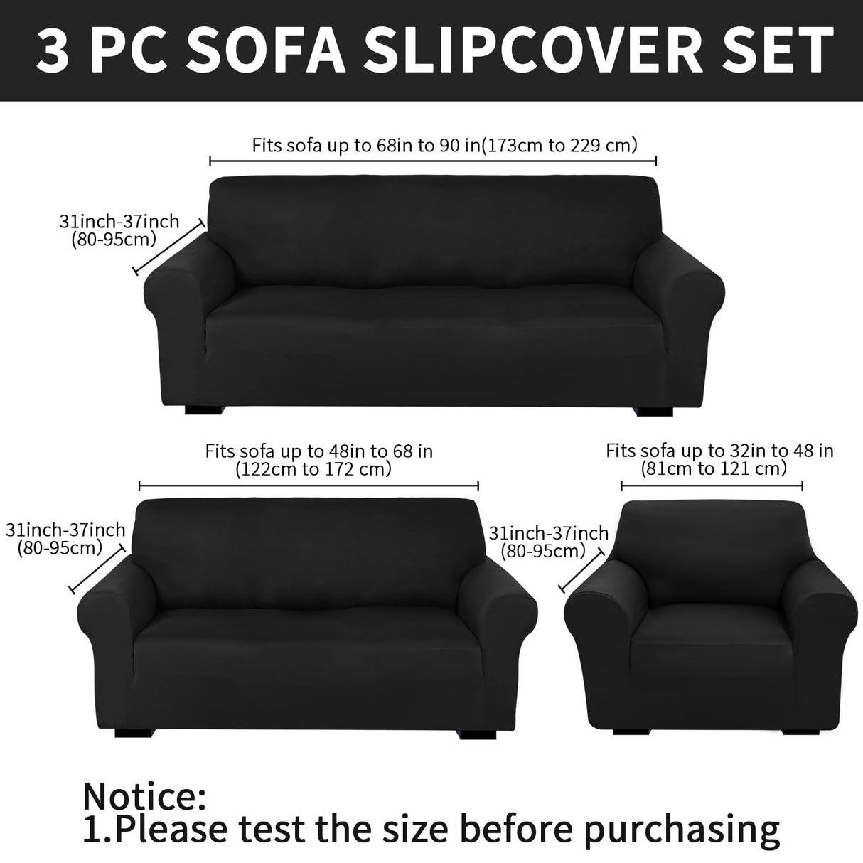Peryiter 3 Pcs Slipcover Set for Couch Furniture Covers for Sofa Loveseat Couch Arm Chair, Form Fit Stretch, Wrinkle Free, Furniture Protector(Black,Milk Silk Spandex) Peryiter