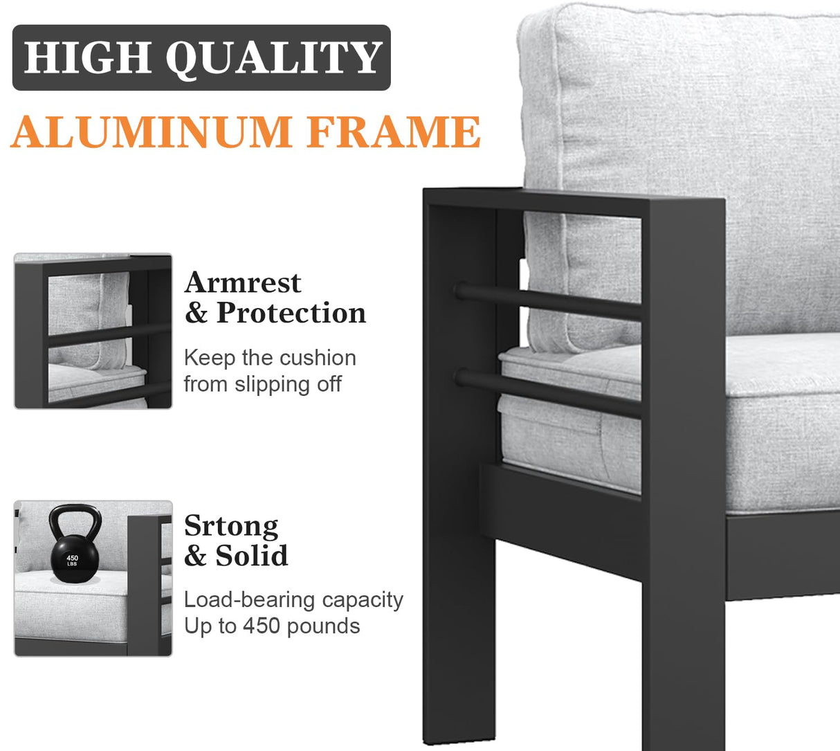 Vakollia 5 Pieces Modern Aluminum Patio Furniture Set with Fire Pit Table, Outdoor Conversation Sets Metal Sectional Sofa Vakollia