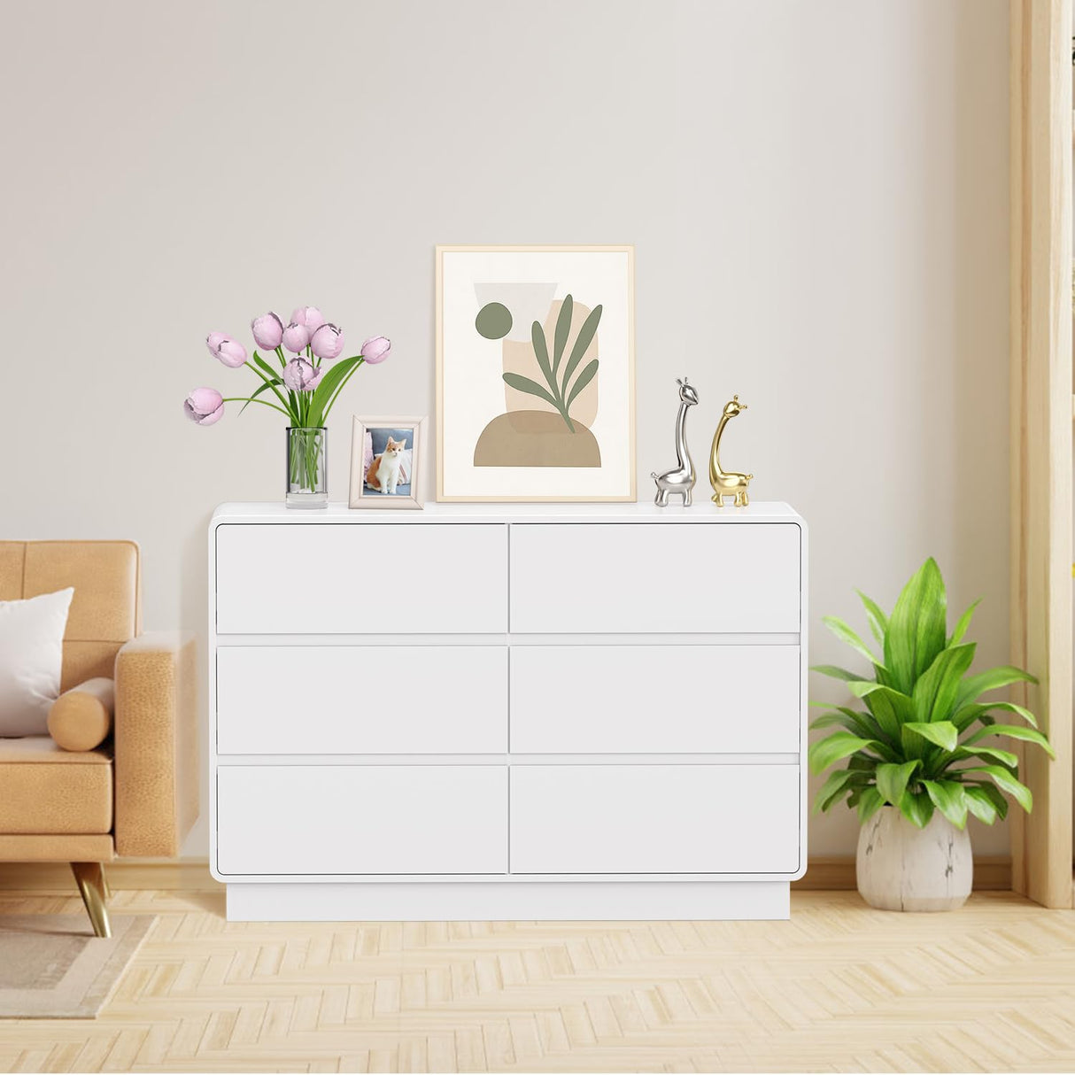 OTUTUMUS 6 Drawers Double Dresser, White Modern Chest of Drawer, Curved Edged Wood Dresser for Bedroom Living Room, Closet, Office, Hallway OTUTUMUS