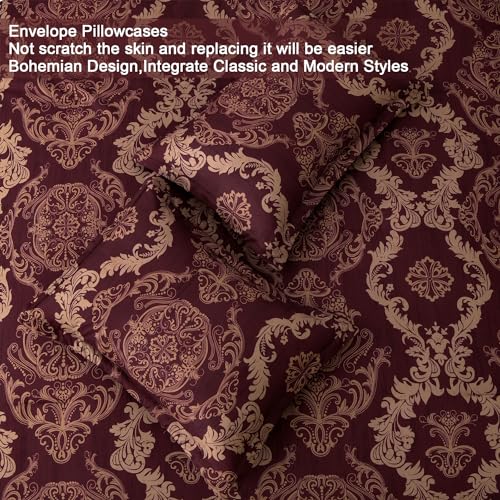 WONGS BEDDING Burgundy Comforter Set Queen Size, Maroon Damask Texture 7 Pieces Bed in a Bag Microfiber Comforter Bedding Sets -1 Comforter, 1 Flat Sheet, 1 Fitted Sheet, 2 Pillow Shams, 2 Pillowcases WONGS BEDDING