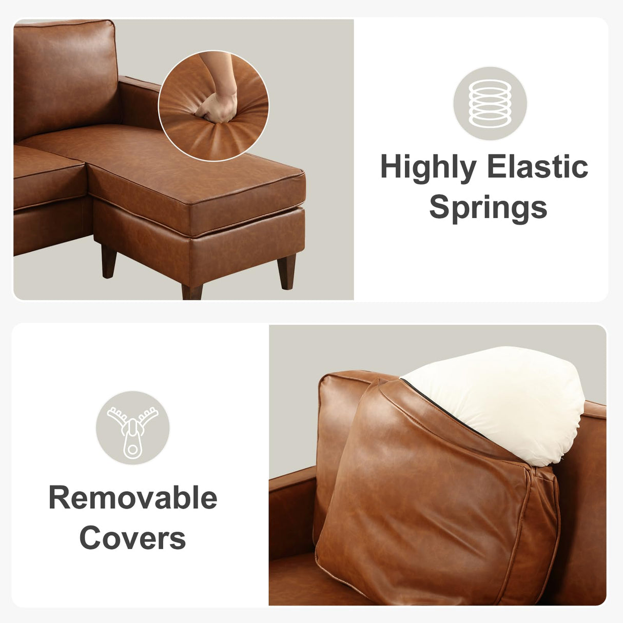 HAOMARKETS Faux Leather L Shaped Couch with Solid Wood Feet, 3-Seater Sofa with Reversible Chaise for Apartment, Sectional Couches for Living Room, Brown HAOMARKETS