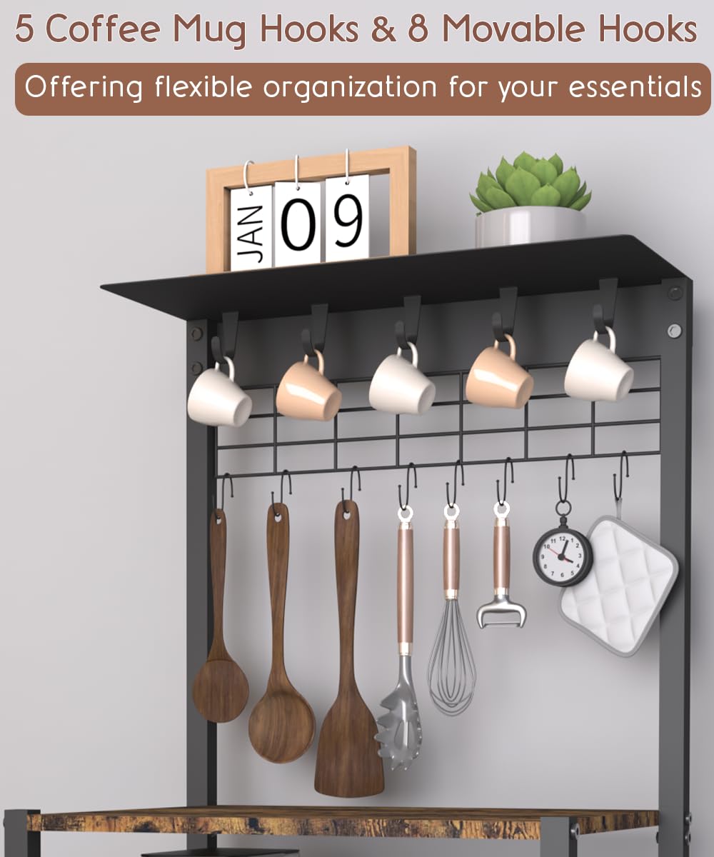 Ansionsol 4 Tier Coffee Bar Station, Corner Bakers Rack with 5 Hooks & Wire Basket, Coffee Maker Stand for Small Space, Kitchen Storage Shelf for Entryway, Living Room, Café, Black, 16.5"x13"x47.8" Ansionsol