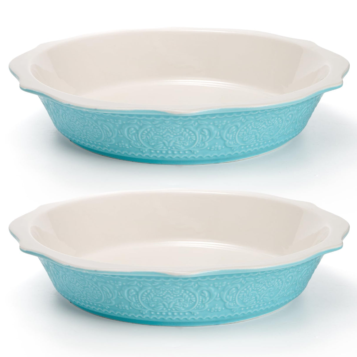 SOUJOY 2 Pack 11 Inch Pie Pan, Ceramic Embossment Baking Dish, Non-Stick Pie Plate with Soft Wave Edge, Deep Pie Dish or Tart, Pizza, Apple Pie, Quiche, Pot Pies, Cake SOUJOY