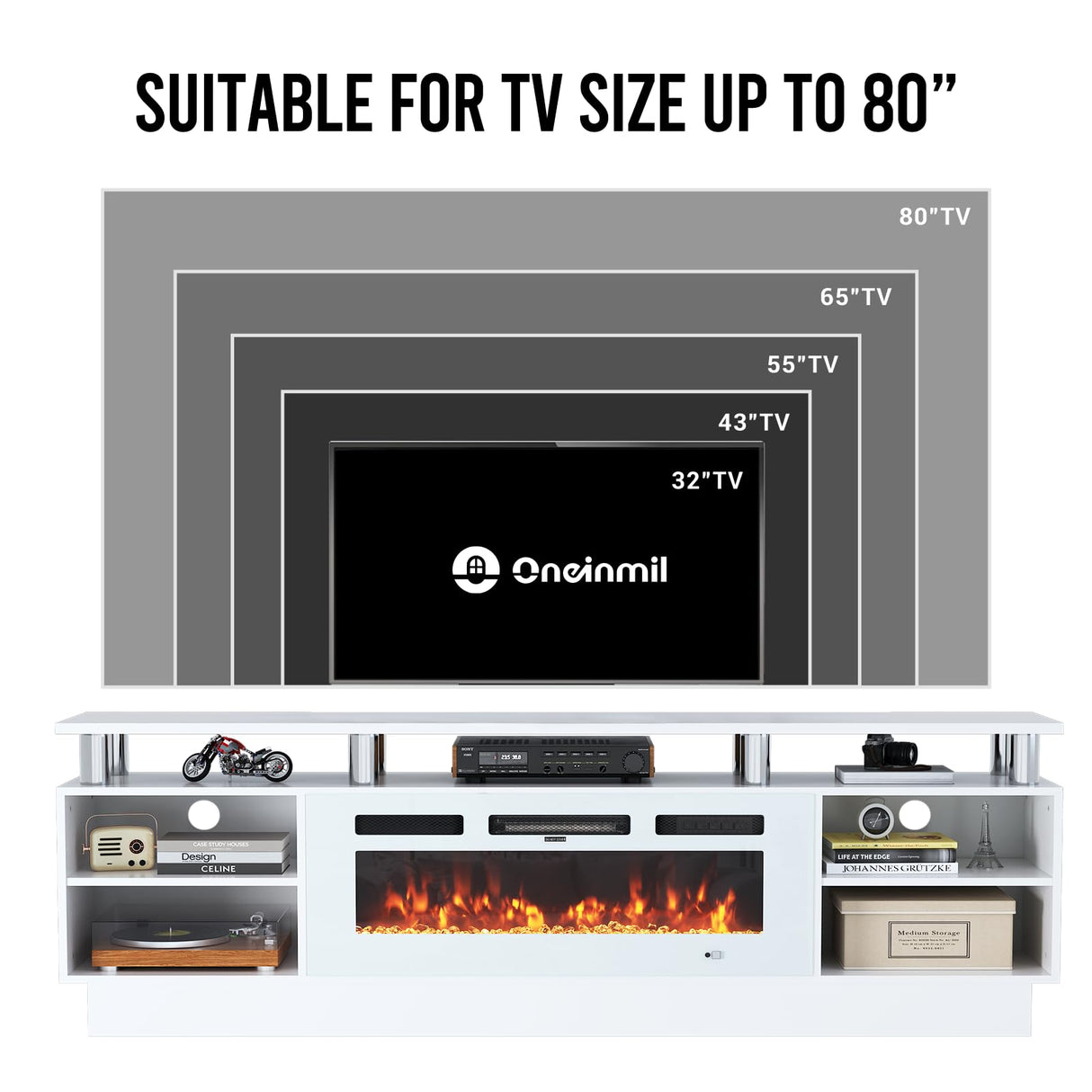 oneinmil Fireplace TV Stand with 36” Electric Fireplace, 70” 2 Tier TV Console Stand for TVs Up to 80", LED Light Entertainment Center, Fireplace for The Living Room TV Stand, White oneinmil