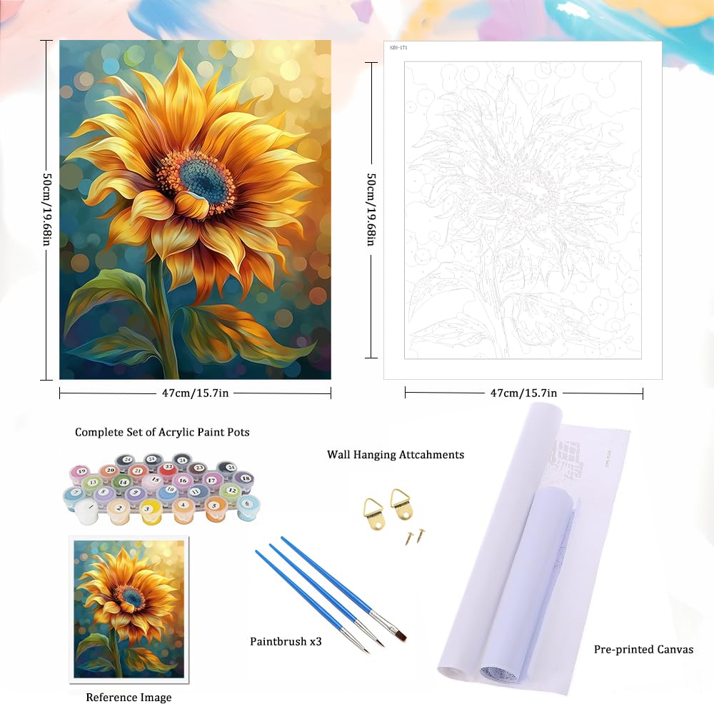 Natuyalo Paint by Numbers Kit for Adults - Sunflower DIY Adult Paint by Number Kits Flowers Acrylic Canvas Painting for Adults Beginners Art Crafts Without Frame, 16x20 Inch Natuyalo