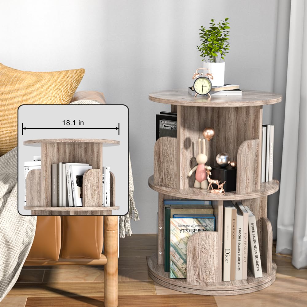 Nidouillet 2-Tier 360° Rotating Bookshelf - Space-Saving Grey Oak Round Bookcase for Adults Nidouillet