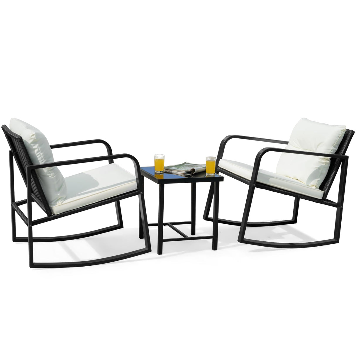 Flamaker Patio Chairs 3 Piece Wicker Rocking Chair Outdoor Bistro Sets with Coffee Table and Cushions Metal Frame Patio Furniture for Porch, Balcony, Lawn (White) Flamaker
