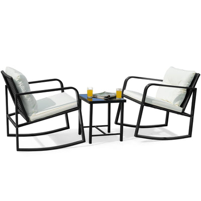 Flamaker Patio Chairs 3 Piece Wicker Rocking Chair Outdoor Bistro Sets with Coffee Table and Cushions Metal Frame Patio Furniture for Porch, Balcony, Lawn (White)
