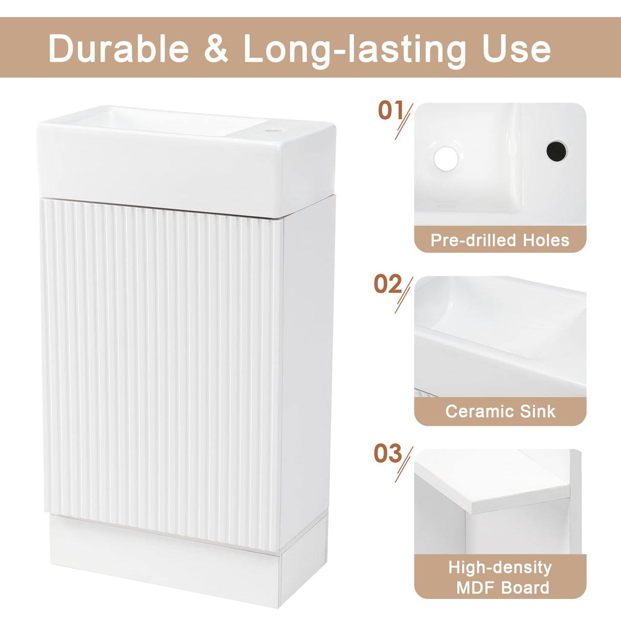 LUMISOL 18.6" Small Bathroom Vanity with Sink, Freestanding Bathroom Vanity with Toilet Paper Holder & Soft-Close Door, Left or Right Storage, Wood Bathroom Sink Cabinet with Ceramic Basin, White LUMISOL