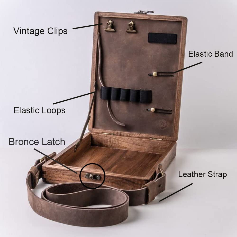 Writers Messenger Wood Box, Multifunctional Wooden Handmade Crossbody Postman Bag Portable Artist Tool Bag Painting Brush Tool Storage Sketch Box Bomeiqee