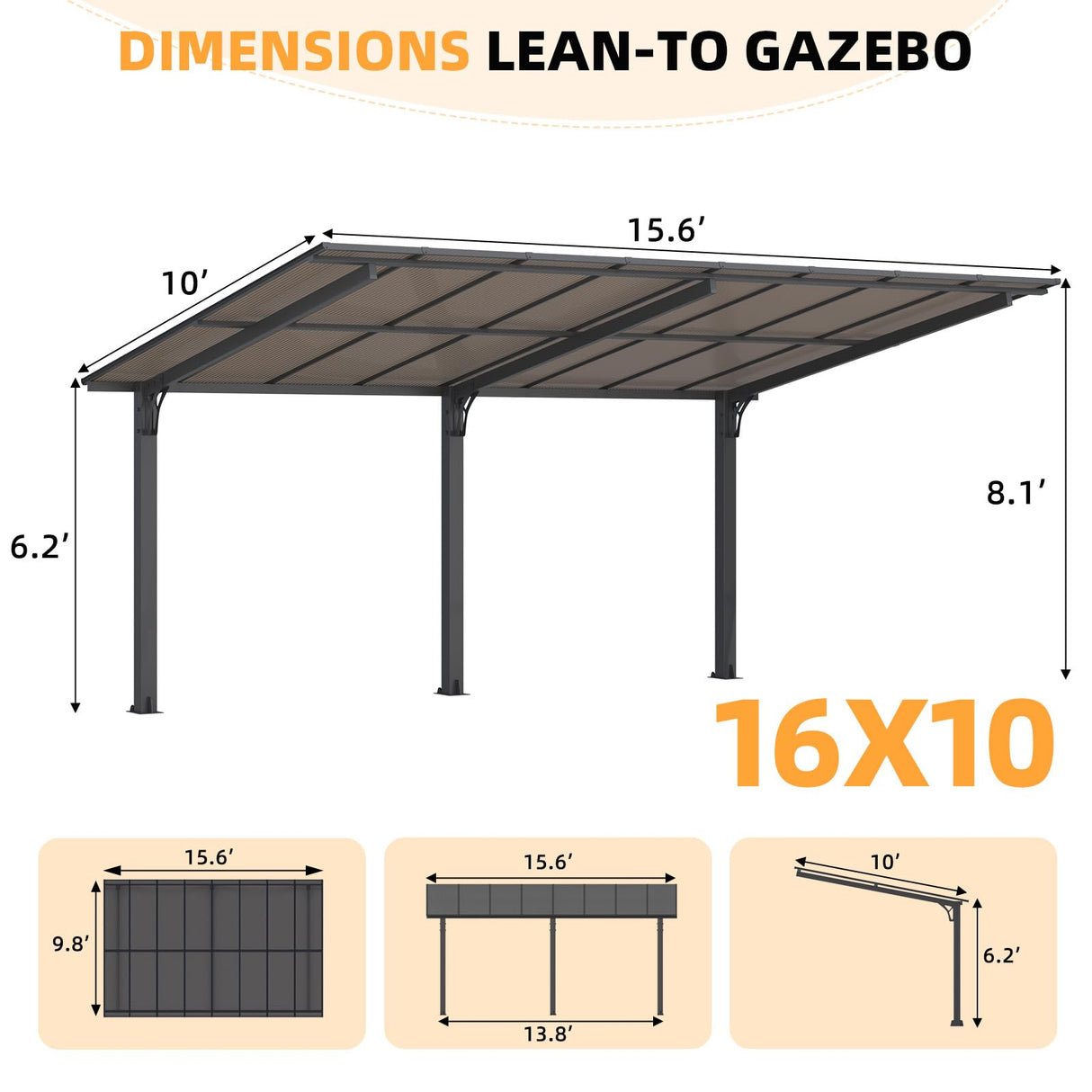 AECOJOY 16' x 10' Gazebo Outdoor Pergola for Patio,10x16 Pergola Carport, Freestanding Lean to Hardtop Gazebo, Pergolas and Gazebos Clearance with Roof, Wall-Mounted Heavy Duty Awnings for Patio AECOJOY