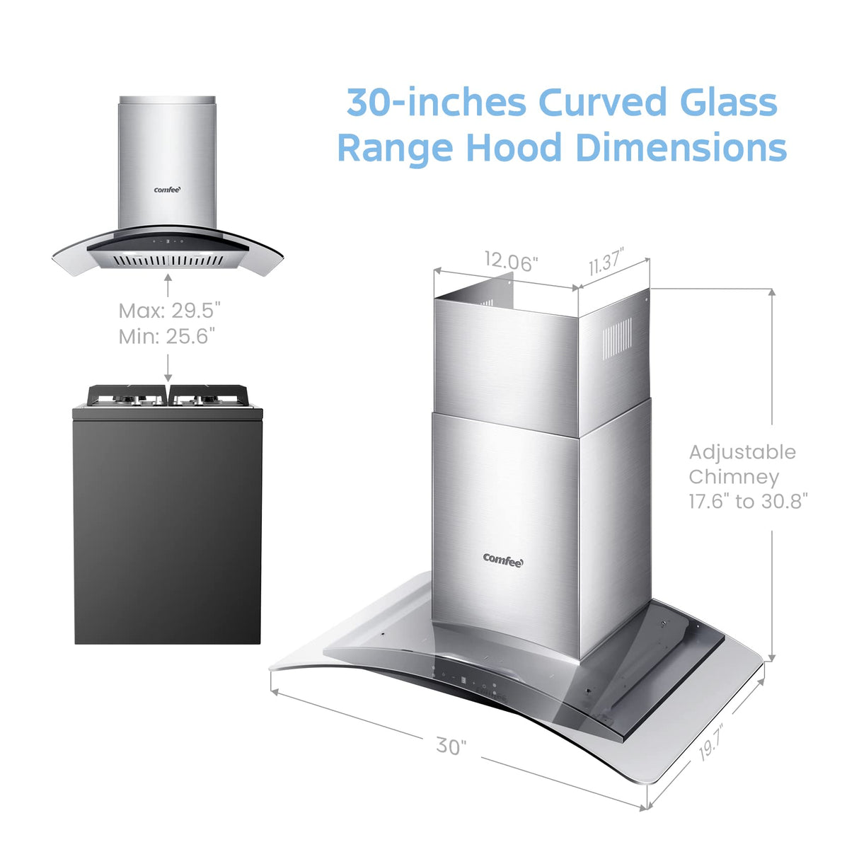 COMFEE Curved Glass Range Hood 30 Inch 450 CFM 3 Speed Gesture Sensing &Touch Control Panel Stainless Steel kitchen Ductless/Ducted Convertible with Baffle Filters and 2 LED Lights (CVG30W9AST) COMFEE'