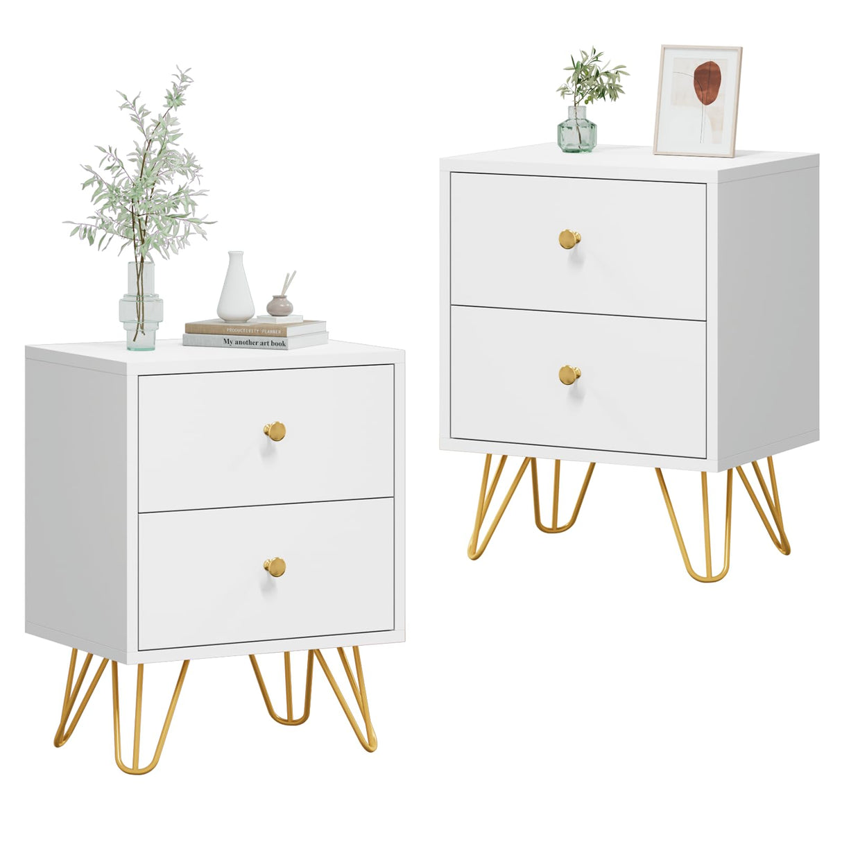 CARPETNAL White Nightstand Set of 2, End Side Table Double, Bedside Table with 2 Drawers, Dual Night Stand Metal Legs for Bedroom Living Room CARPETNAL