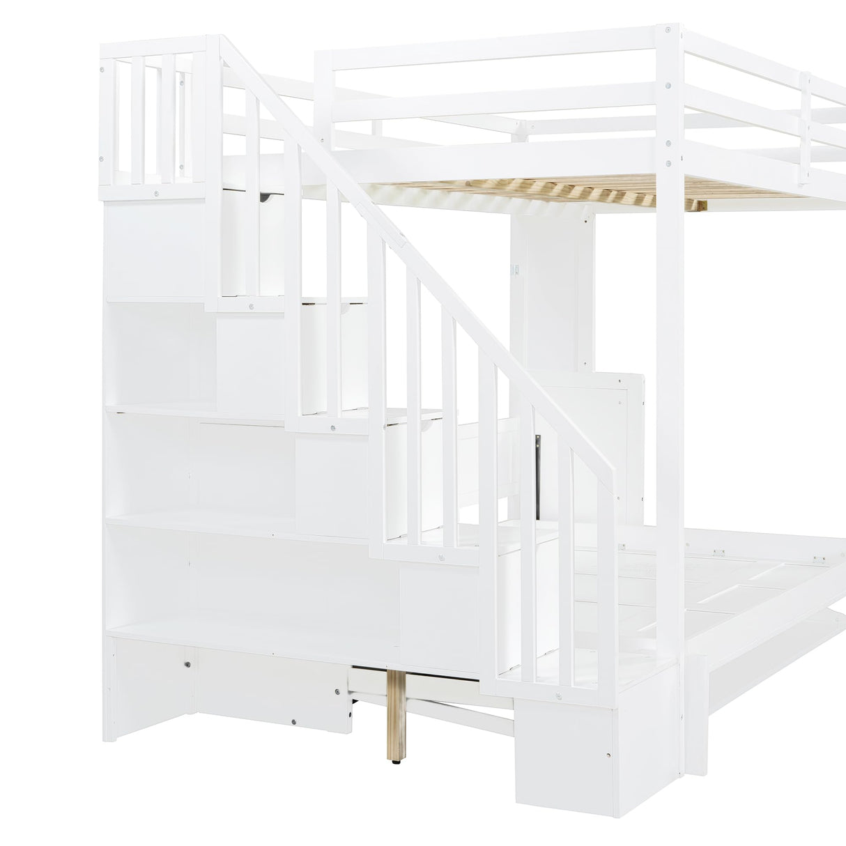 Merax Full Over Full Farmhouse Loft Bed with Murphy Cabinet Bed w/Hydraulic Lift, Solid Wood Wall Bunk Bed with Storage Staircase, Shleves & Desk/No Box Spring Needed/Easy Assemble/White Merax