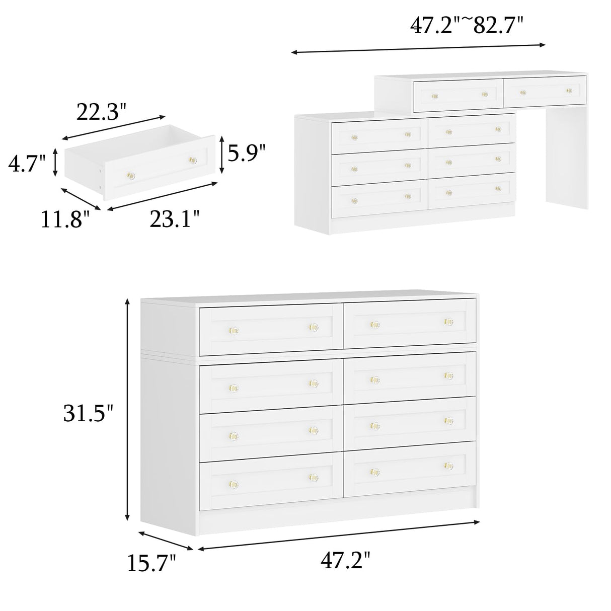 TAMUNE L-Shaped Dressing Table with 8 Drawers, Extendable Vanity Desk and Dresser Combo, Wood Vanity Dresser Makeup Desk, Wide Desktop, for Bedroom Dressing Room, White (47.8”W x 47.2”D x 31.5”H) TAMUNE