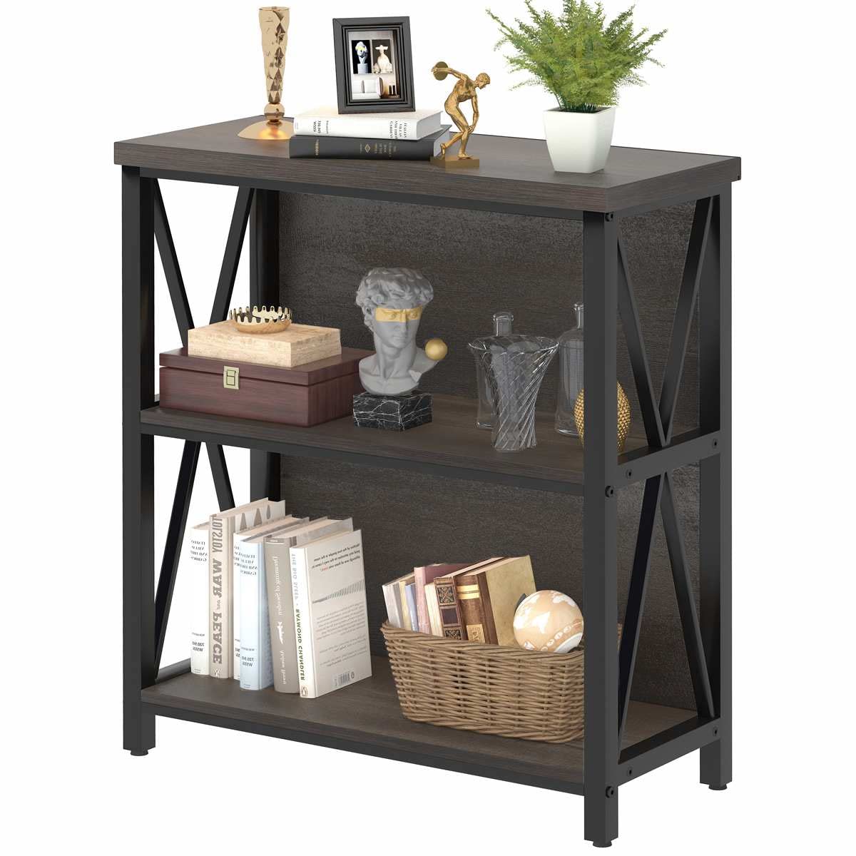 FATORRI Rustic Short 2 Shelf Bookshelf, Industrial Low Wood Bookcase, Farmhouse Small Book Case for Small Space (Walnut Brown) FATORRI