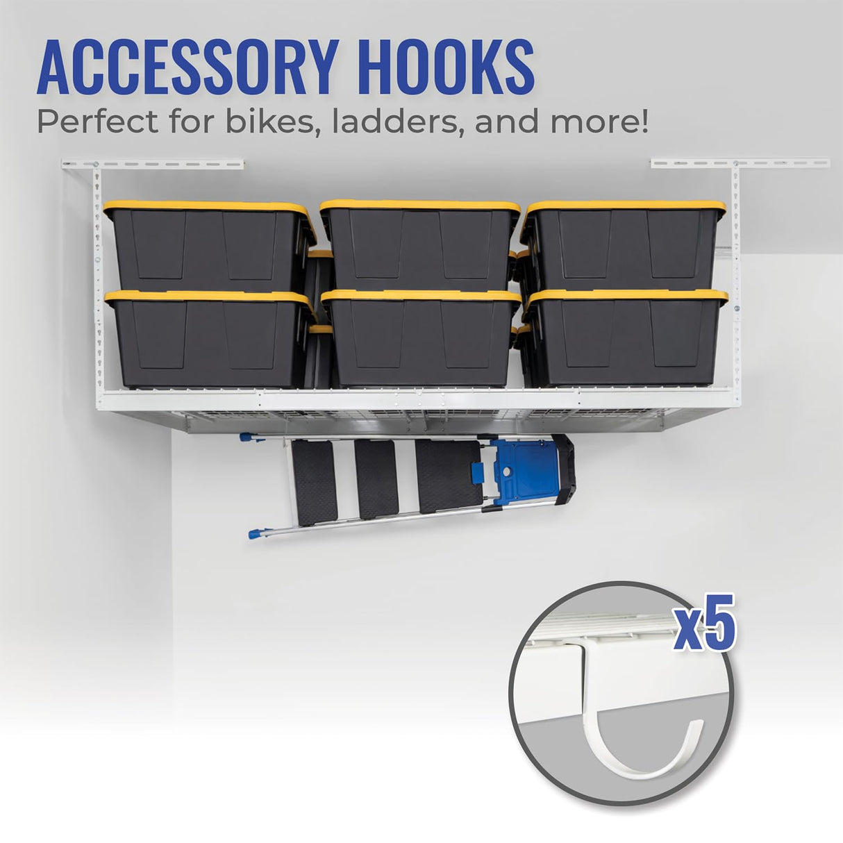 SafeRacks 4 ft x 8 ft Overhead Storage Rack Adjustable 24 in - 45in Height (White) With Accessory Pack With 5-Piece Hook Accessory Pack SafeRacks