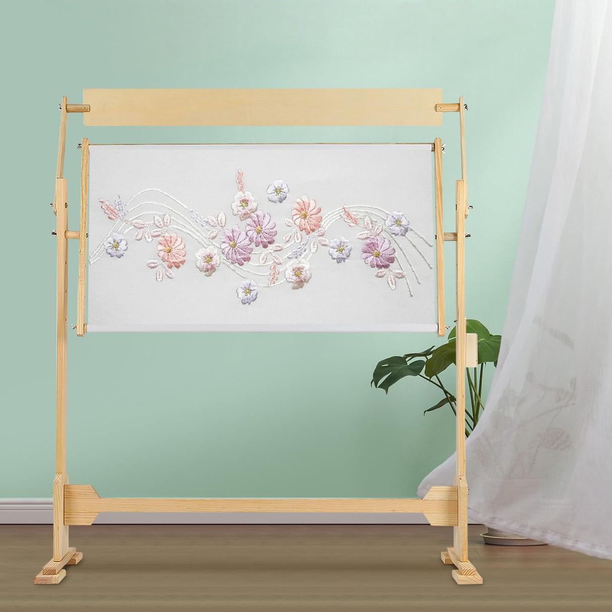 Cross Stitch Frame Wooden Embroidery Floor Stand 360° Rotation Needlework Stand Frame Holder Lap Hands Stand with Adjustable Frame 75 x 40cm Greensen