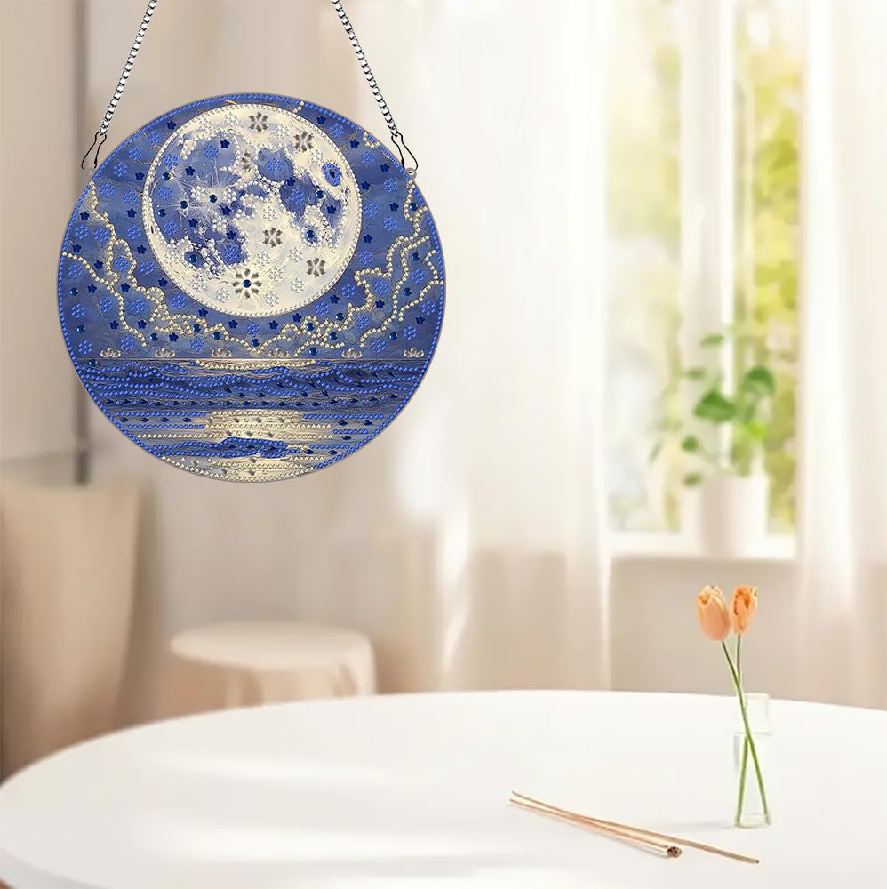 hospitian DIY Hanging Diamond Art Pendant Painting Kit Landscape,Lake Moon Diamond Painting Kits for Adults,Special Crystal Gem Craft Painting Kit Ornament 9.4x9.4inch hospitian