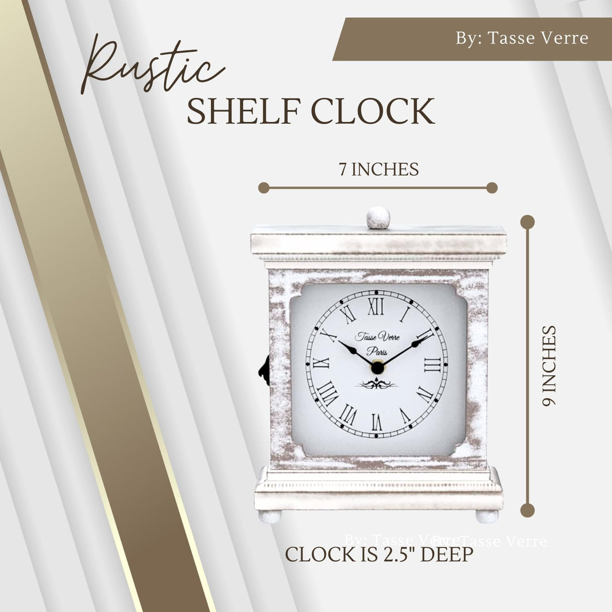 Tasse Verre Rustic Shelf Clock (Quiet) for Living Room Mantel, Table, Or Desk 9" X 7" Farmhouse Decor Distressed White Washed Wood Silent - Office Fireplace. AA Battery Operated Non-Digital, Tan Tasse Verre