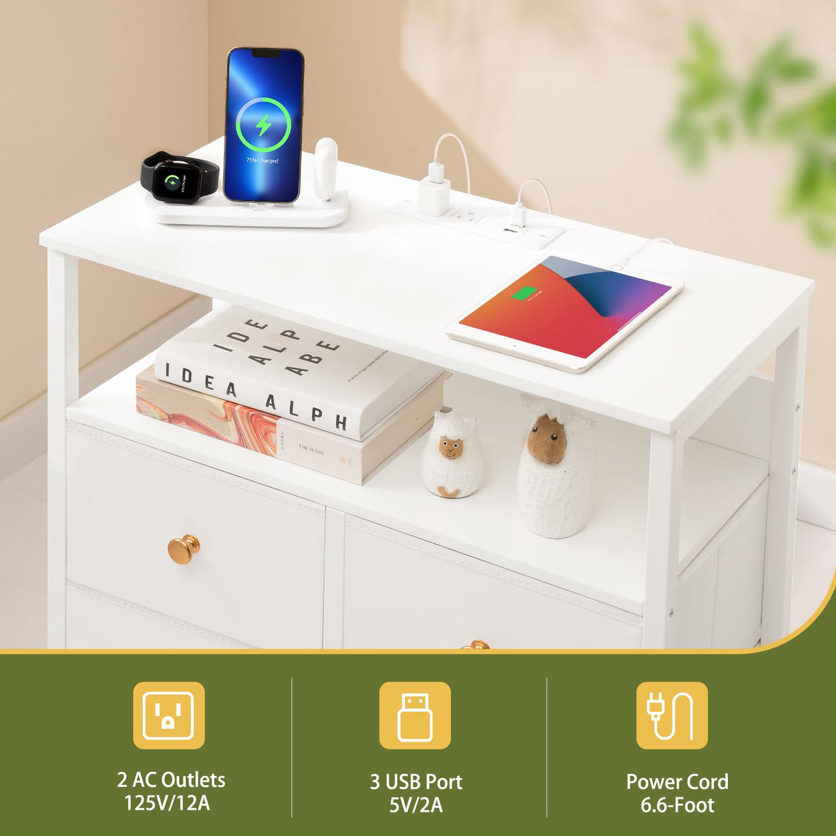 Yoobure Night Stand with Charge Station, Nightstand with 4 Drawers Bedside Table, LED Dresser with Storage Shelf, Night Stands for Bedroom, Side Table 3-Tier Wood End Table for Home, Office White Yoobure